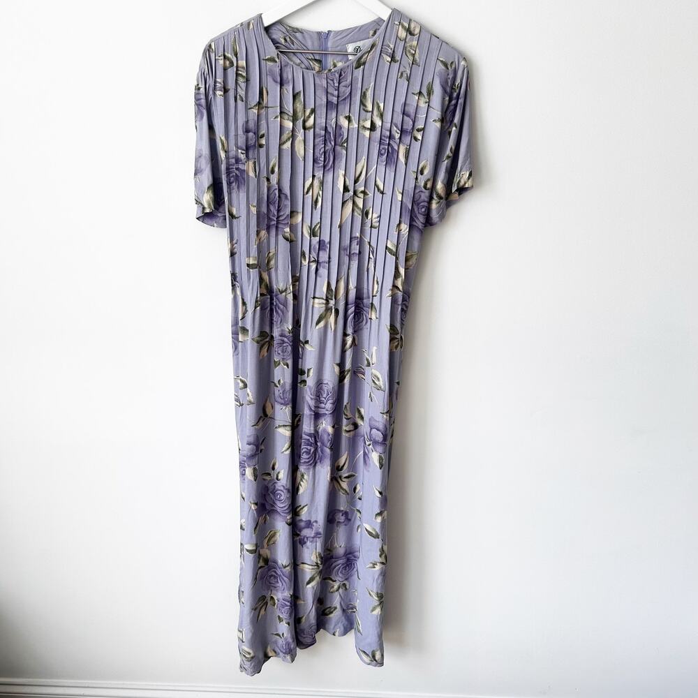 Vintage Maxi Dress Darian Size 14 Purple Floral 1990s Twee Pleated Fairy Long